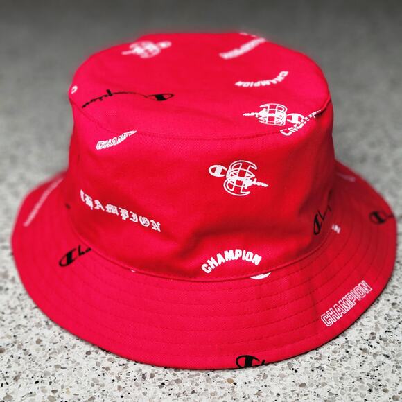 NWOT Champion Reversible Logo Script Bucket Hat L/XL Red All Over Print Spellout - Picture 2 of 12